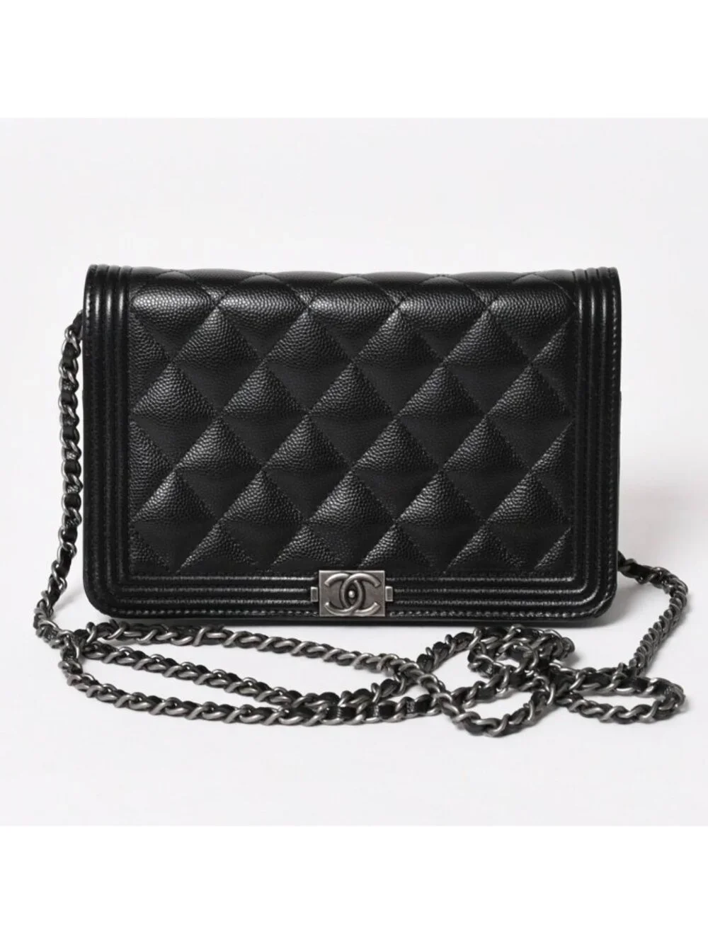 Chanel Boy Chain Shoulder Bag Caviar Leather CC Logo Black Silver